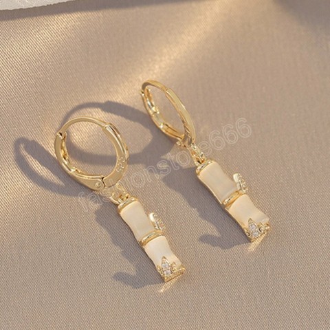 Trendy 18K Gold Plated Transparent Opal Bamboo Dangle Earrings for Women