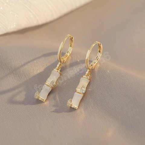 Trendy 18K Gold Plated Transparent Opal Bamboo Dangle Earrings for Women