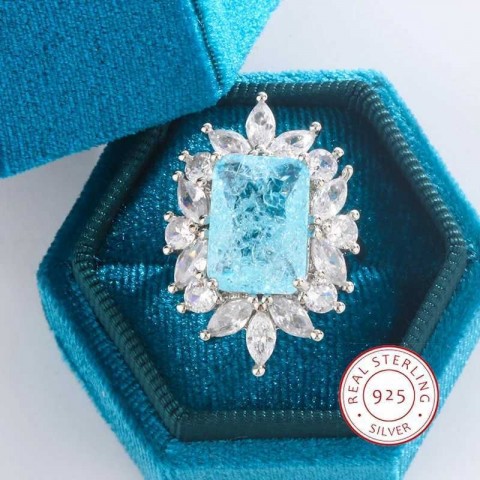 Bright Sea Blue Square Zircon Jewel Ring for Women, 925 Silver, Classic Cowboy Design