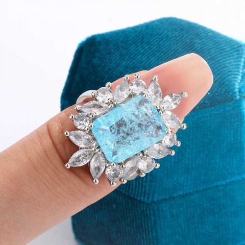 Bright Sea Blue Square Zircon Jewel Ring for Women, 925 Silver, Classic Cowboy Design