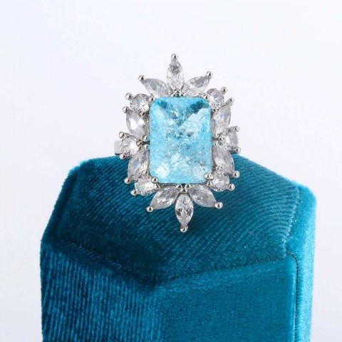 Bright Sea Blue Square Zircon Jewel Ring for Women, 925 Silver, Classic Cowboy Design