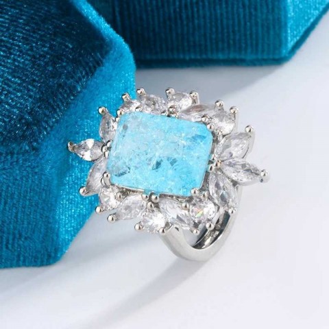 Bright Sea Blue Square Zircon Jewel Ring for Women, 925 Silver, Classic Cowboy Design