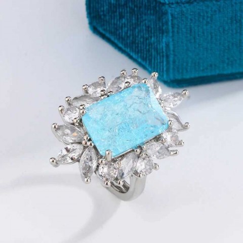 Bright Sea Blue Square Zircon Jewel Ring for Women, 925 Silver, Classic Cowboy Design