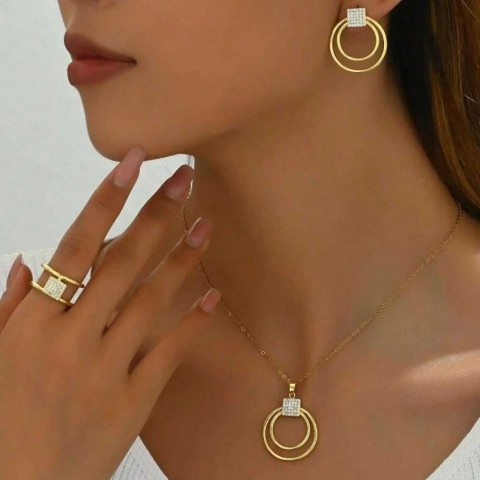 Luxury Gold Circle Square Metal Jewelry Set for Women