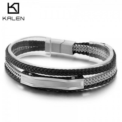 Karen Men's Charming Gold and Silver Denim Woven Stainless Steel Leather Bracelet