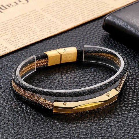 Karen Men's Charming Gold and Silver Denim Woven Stainless Steel Leather Bracelet