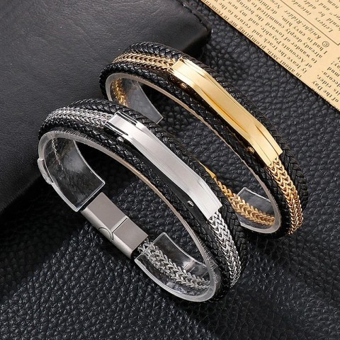 Karen Men's Charming Gold and Silver Denim Woven Stainless Steel Leather Bracelet