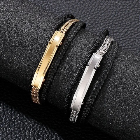 Karen Men's Charming Gold and Silver Denim Woven Stainless Steel Leather Bracelet