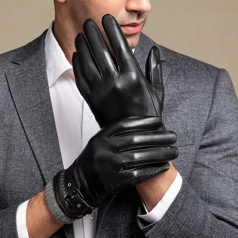High-end Men's Bamboo Fiber Sheepskin Gloves for Winter Cycling & Driving