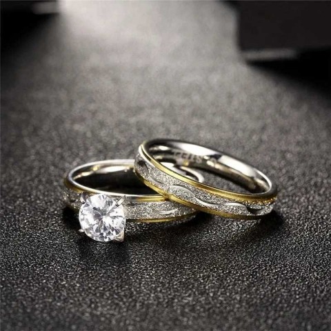 Solitaire Cowboy Ring Set for Couples - Tension Set Stainless Steel Onyx Mood Tracker Men Women Wedding Gift
