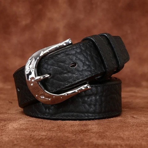 High-End Men's Fashion Narrow Bison Leather Belt with Golden Buckle