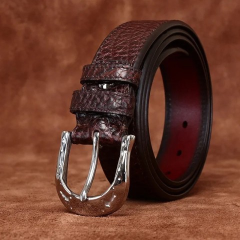 High-End Men's Fashion Narrow Bison Leather Belt with Golden Buckle