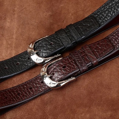 High-End Men's Fashion Narrow Bison Leather Belt with Golden Buckle