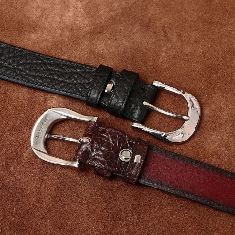 High-End Men's Fashion Narrow Bison Leather Belt with Golden Buckle