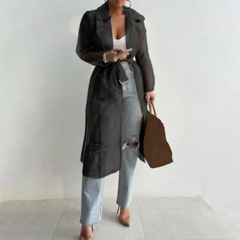 Korean Fashion Women's See-Through Mesh Jacket with Puff Sleeves