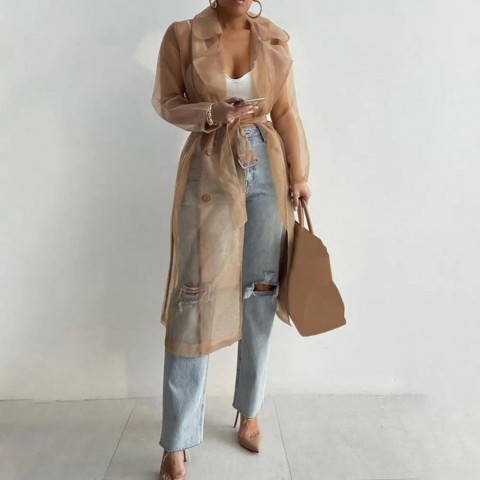 Korean Fashion Women's See-Through Mesh Jacket with Puff Sleeves