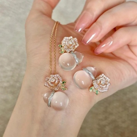Crystal Rose Transparent Ice Chalcedony Earrings & Necklace Set for Women