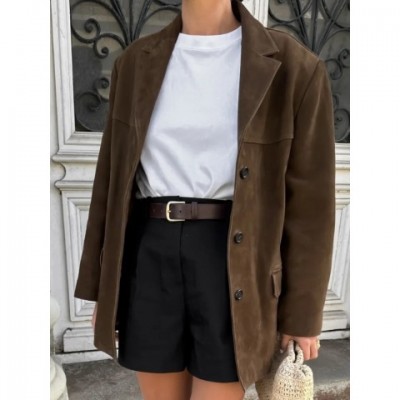 Fashionable Women's Brown Asymmetric Blazer with Double Pockets