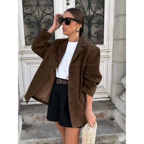 Fashionable Women's Brown Asymmetric Blazer with Double Pockets