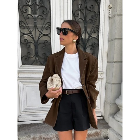 Fashionable Women's Brown Asymmetric Blazer with Double Pockets