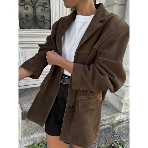 Fashionable Women's Brown Asymmetric Blazer with Double Pockets