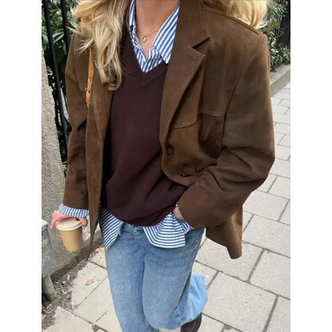 Fashionable Women's Brown Asymmetric Blazer with Double Pockets