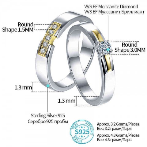 ATTAGEMS 925 Silver Moissanite Engagement Ring Set for Men and Women