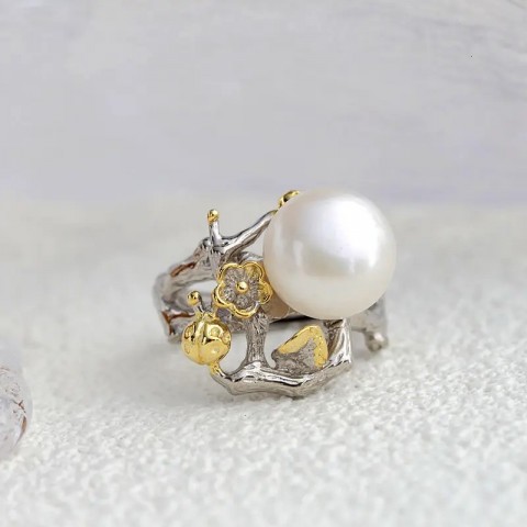 Sterling Silver Band Ring with Freshwater Pearl for Women, Retro Cowboy Style Jewelry Gift
