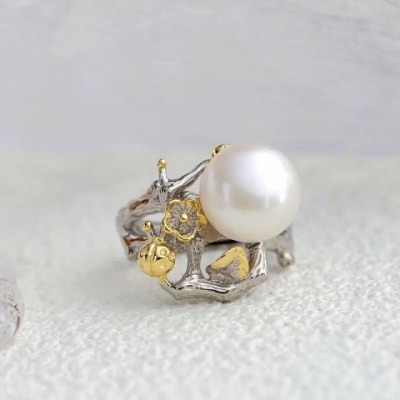 Sterling Silver Band Ring with Freshwater Pearl for Women, Retro Cowboy Style Jewelry Gift