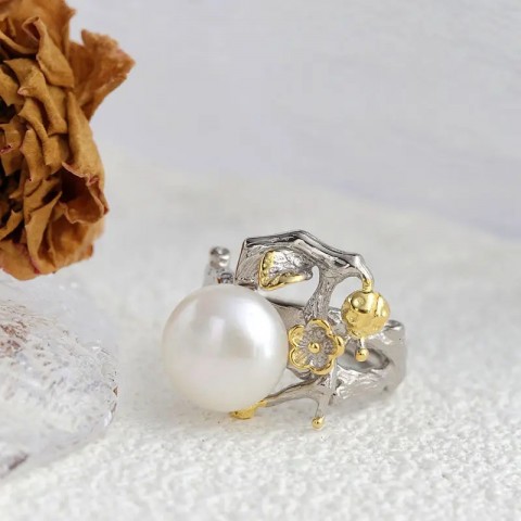 Sterling Silver Band Ring with Freshwater Pearl for Women, Retro Cowboy Style Jewelry Gift