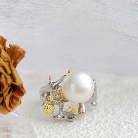 Sterling Silver Band Ring with Freshwater Pearl for Women, Retro Cowboy Style Jewelry Gift