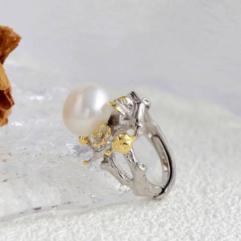 Sterling Silver Band Ring with Freshwater Pearl for Women, Retro Cowboy Style Jewelry Gift