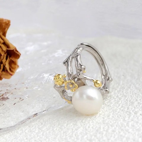 Sterling Silver Band Ring with Freshwater Pearl for Women, Retro Cowboy Style Jewelry Gift