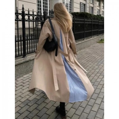 Striped Patchwork Acetate Women's Casual Coat with Flip Collar
