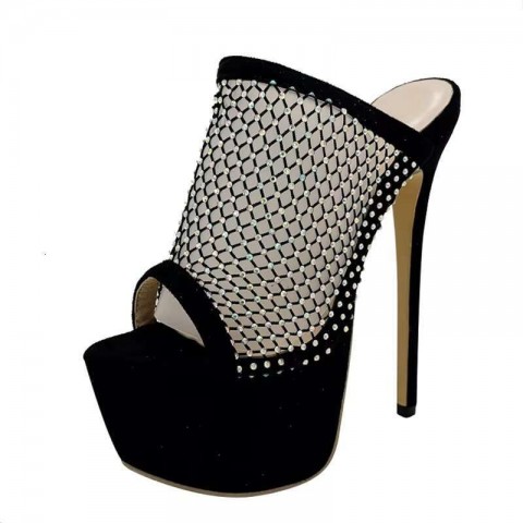 Liyke Women's Extreme High Heel Platform Slippers with Crystal Mesh