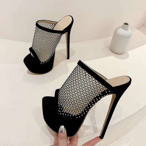 Liyke Women's Extreme High Heel Platform Slippers with Crystal Mesh