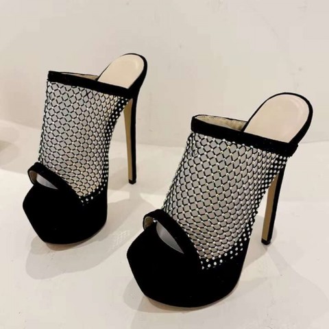 Liyke Women's Extreme High Heel Platform Slippers with Crystal Mesh