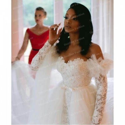 Plus Size Lace Wedding Gown with Detachable Train and Long Sleeves for Elegant Bridal Look