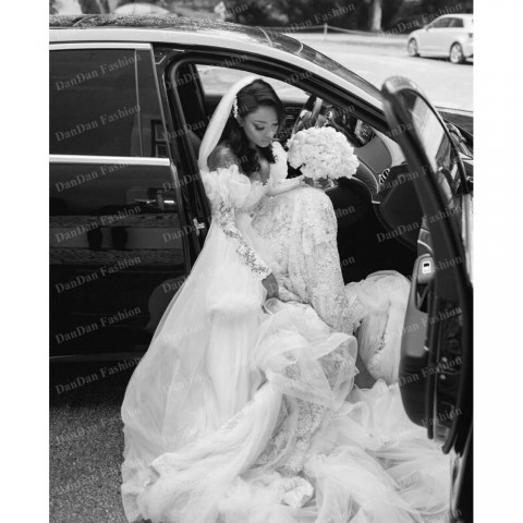 Plus Size Lace Wedding Gown with Detachable Train and Long Sleeves for Elegant Bridal Look