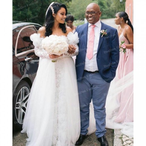 Plus Size Lace Wedding Gown with Detachable Train and Long Sleeves for Elegant Bridal Look