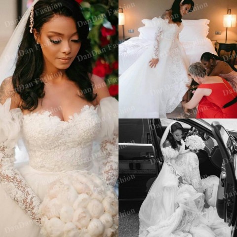 Plus Size Lace Wedding Gown with Detachable Train and Long Sleeves for Elegant Bridal Look