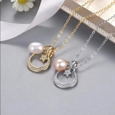 Arrivals Women's 78mm Natural Freshwater Pearl Choker Necklace with Star Moon Pendant