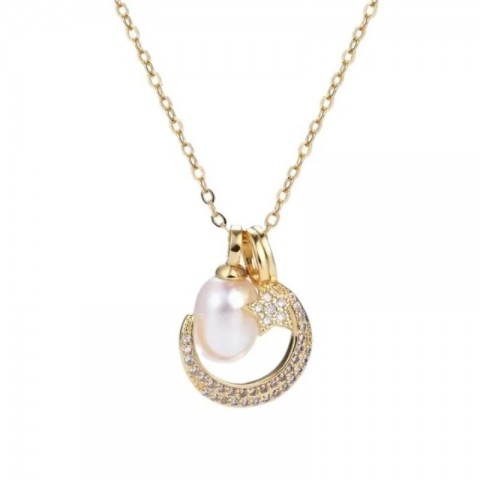 Arrivals Women's 78mm Natural Freshwater Pearl Choker Necklace with Star Moon Pendant