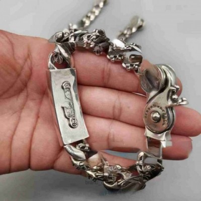 Silver Plated Fashionable Cross Flower Men's Charm Bracelet with Thick Chain