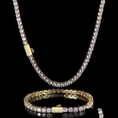 Bracelet & Necklace Set for Men, Bohemian Style Spring Buckle Zircon Chain, Real Gold Plating, One Row Diamond Drop Jewelry