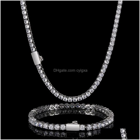 Bracelet & Necklace Set for Men, Bohemian Style Spring Buckle Zircon Chain, Real Gold Plating, One Row Diamond Drop Jewelry