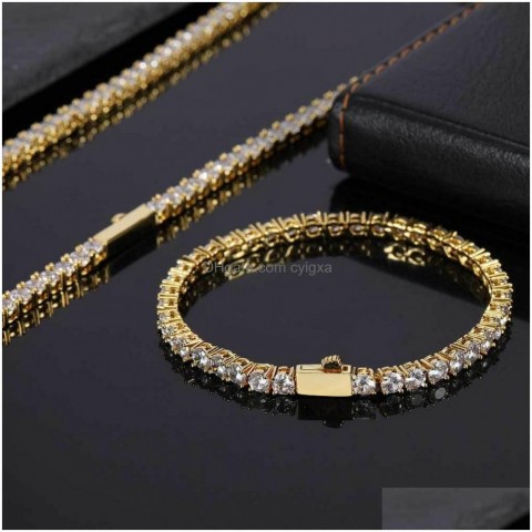 Bracelet & Necklace Set for Men, Bohemian Style Spring Buckle Zircon Chain, Real Gold Plating, One Row Diamond Drop Jewelry