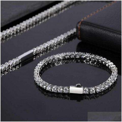 Bracelet & Necklace Set for Men, Bohemian Style Spring Buckle Zircon Chain, Real Gold Plating, One Row Diamond Drop Jewelry