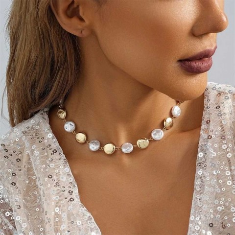 Creative Women's Imitation Pearl & Gold Splice Pendant Necklace 2024XJ250422