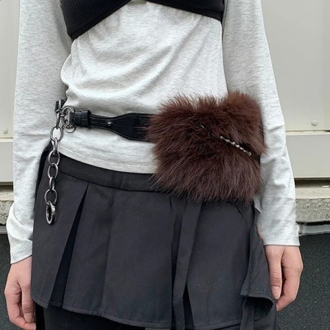 Vintage Men's Faux Fur Waist Chain with Metal Beads Y2K Punk Style